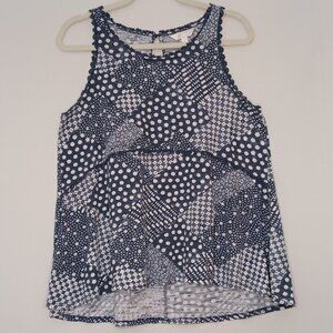 Women's Lauren Conrad Blue Poka Dot Quilt Patch Design Crochet Trim Tank Size Lg